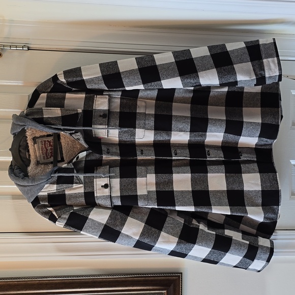 LEVI'S BRAND MENS BLACK & WHITE CHECKERED HOODED FLANNEL JACKET SIZE XXL - Picture 1 of 16